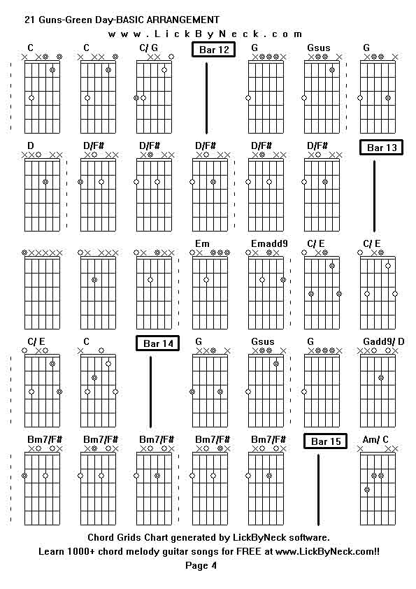 Chord Grids Chart of chord melody fingerstyle guitar song-21 Guns-Green Day-BASIC ARRANGEMENT,generated by LickByNeck software.